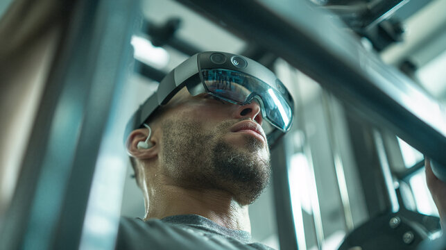 A man in Augmented reality is training with exercise machine. Futuristic man at the gym with high-tech headgear. Stock Image, HD Quality