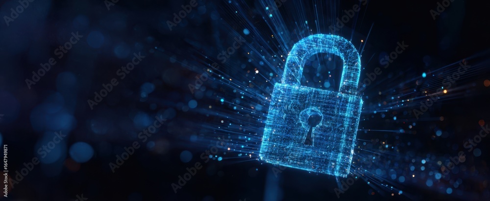 Poster the padlock hologram representing cybersecurity, data protection and network encryption in blue