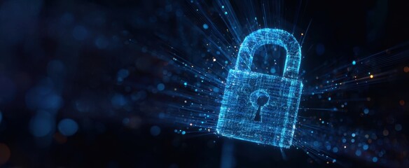 The Padlock Hologram Representing Cybersecurity, Data Protection and Network Encryption in Blue