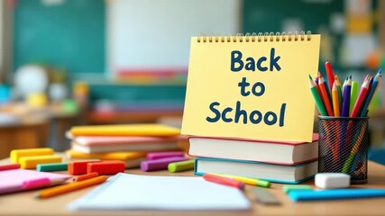 Colorful stationery and books on desk with back to school notepad in classroom setting, celebrating the start of new academic year