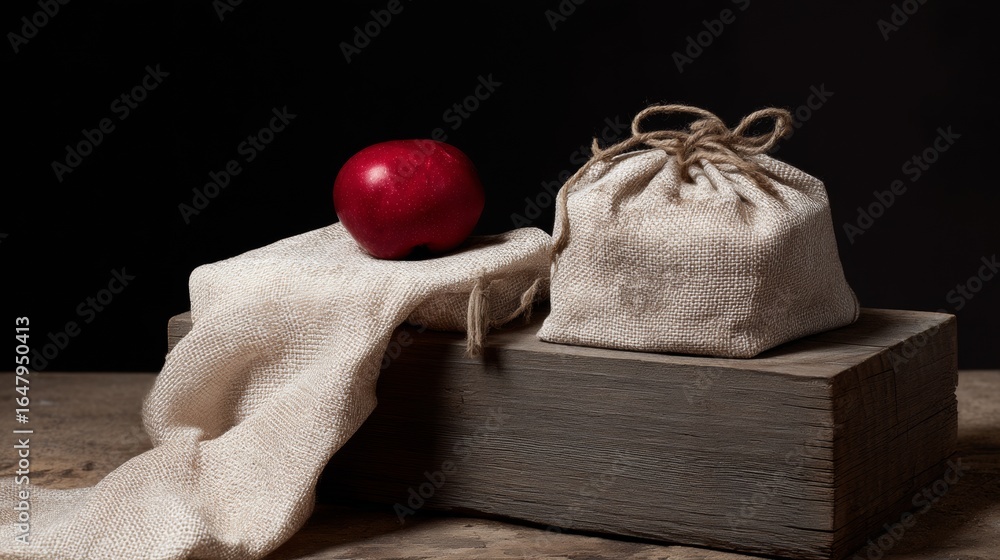Poster rustic sack with red apple on wooden block against dark background