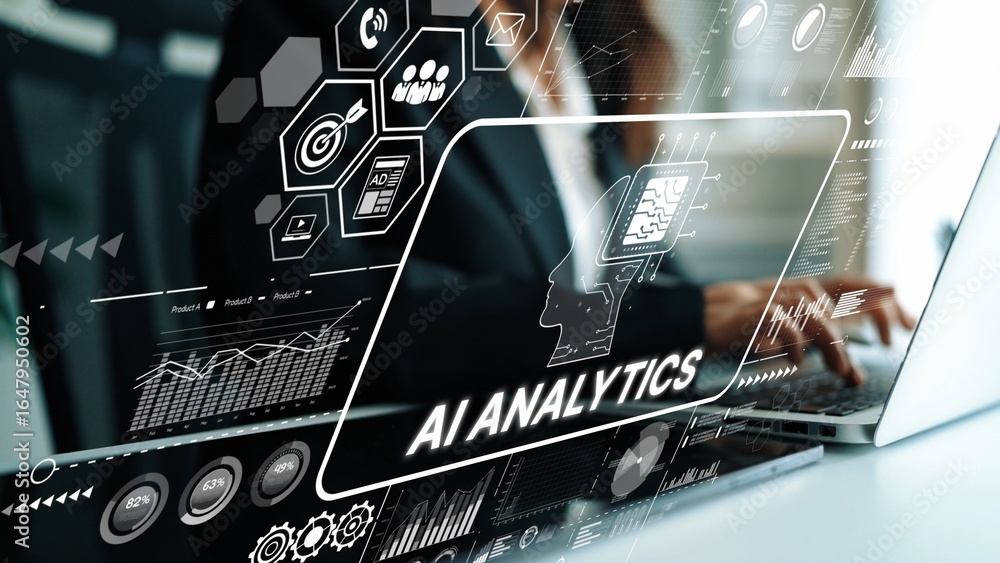 Poster modern workspace with ai analytics on laptop screen for business intelligence and data analysis solu