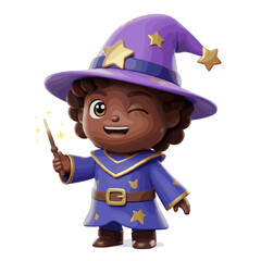 Cute black-skinned wizard, 3D Cartoon style illustration, White background