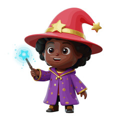 Cute black-skinned wizard, 3D Cartoon style illustration, White background