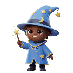 Cute black-skinned wizard, 3D Cartoon style illustration, White background