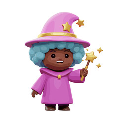 Cute black-skinned wizard, 3D Cartoon style illustration, White background