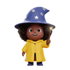Cute black-skinned wizard, 3D Cartoon style illustration, White background