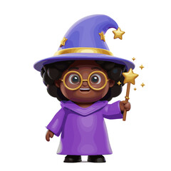 Cute black-skinned wizard, 3D Cartoon style illustration, White background