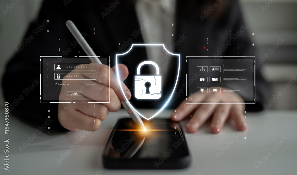 Poster cyber security protects against breaches, hacks, and network attacks using strong infrastructure and