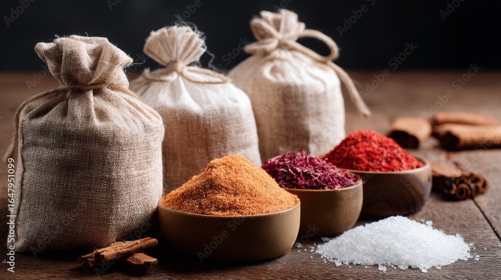 Poster burlap sacks with colorful spices arranged on rustic wooden table surface
