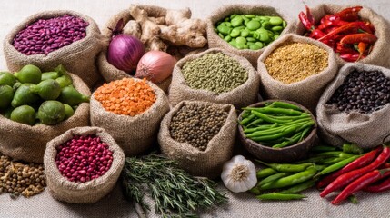 Fototapeta premium Assorted grains legumes and vegetables in sacks arranged in colorful traditional market display