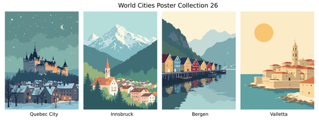 Quebec City , Innsbruck , Bergen , Valletta  ci Flat Vector Poster Collection