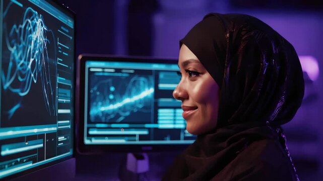 Muslim Woman in Hijab Analyzing Cybersecurity Data on Futuristic Screens, Subtle Facial Movement and Eye Tracking in High-Tech Environment