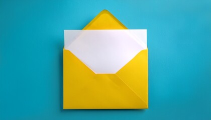 yellow envelope with white letter insert minimalist stationery on pastel blue background flat lay postal communication concept invitation or message delivery paper mail correspondence still life