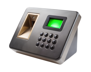 Biometric fingerprint scanner with keypad and green screen, isolated on transparent background