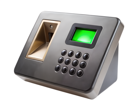 Biometric fingerprint scanner with keypad and green screen, isolated on transparent background