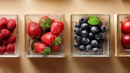 Fresh berries in plastic containers arranged on light golden background