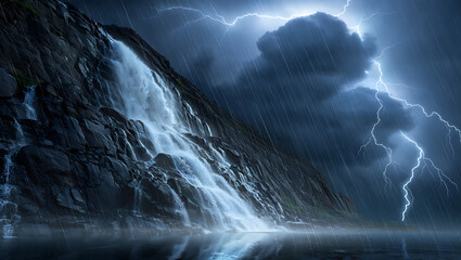 A powerful thunderstorm illuminates a dramatic waterfall cascading down a rocky mountainside with heavy rain and lightning striking the dark, stormy sky
