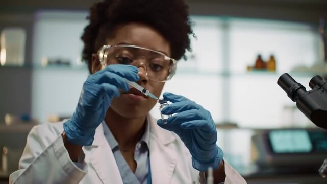 Scientist developing vaccine on laboratory bench.