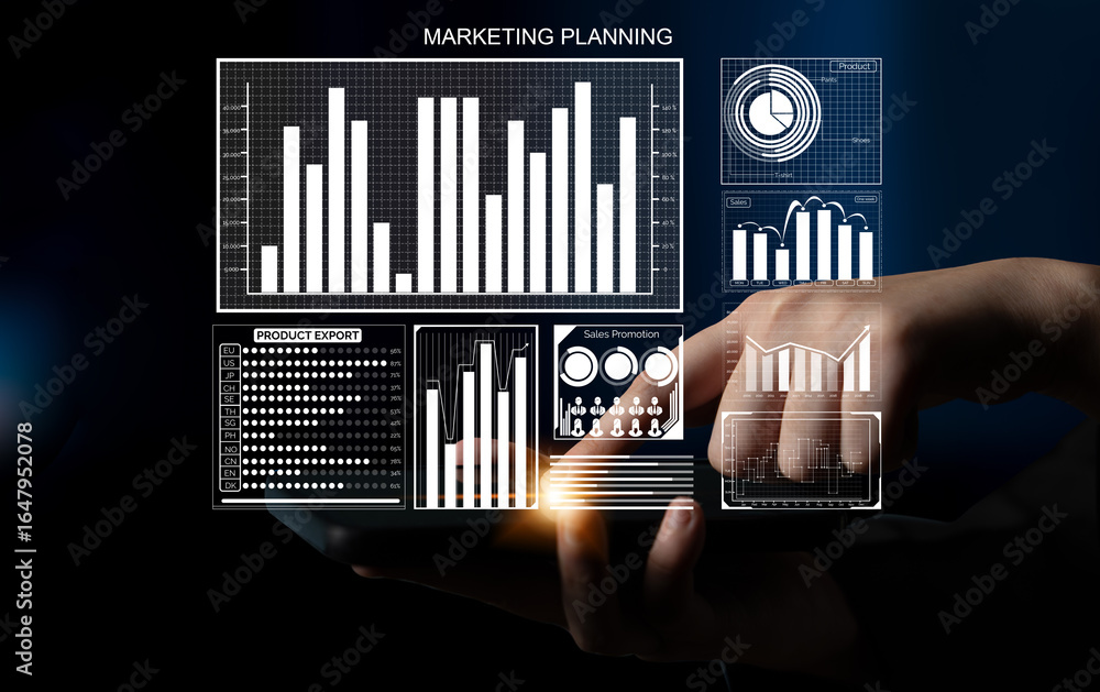 Poster a hand interacting with a digital display featuring various marketing planning visualizations, inclu