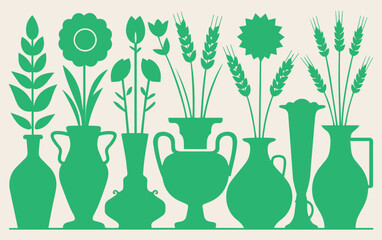Green silhouettes of various vases filled with different flowers and plant stems create a symmetrical and balanced pattern on a light background.
