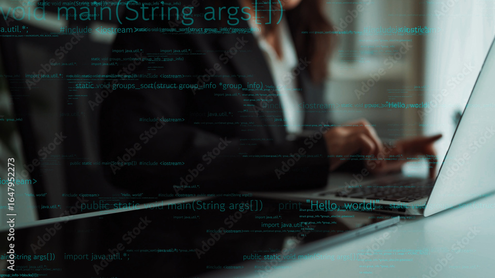 Poster a business professional is focused on coding activities on a laptop within a sleek office space, sur