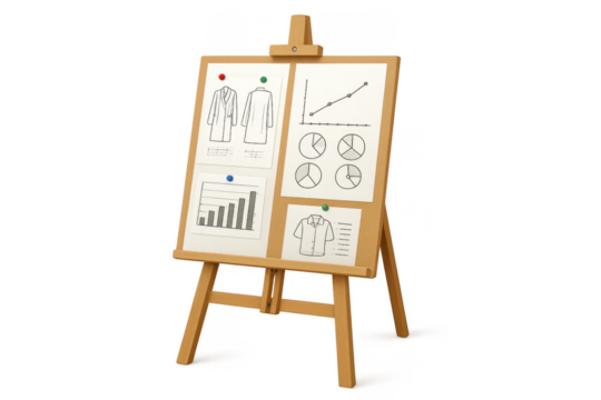 Wooden easel showing fashion business analysis with transparent background