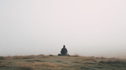 Person sitting in meditation pose silhouetted against misty landscape at sunrise