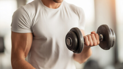 Fit man in white shirt performing dumbbell exercises during fitness training session