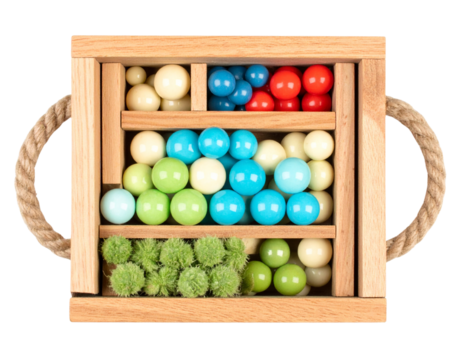  Top-Down View of Colorful Balls Arranged in Wooden Box with Rope Handle, Isolated on Transparent Background