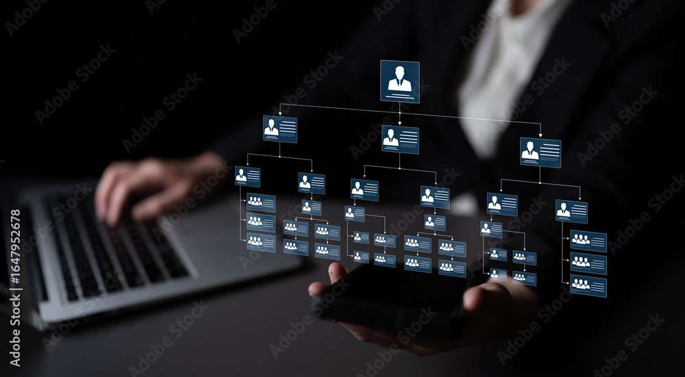 Poster corporate org chart and team structure show hierarchy, team, and structure for clear organization, m
