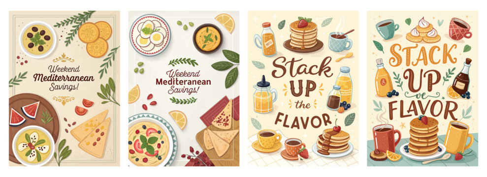 Colorful illustrations of Mediterranean dishes and breakfast items, promoting weekend flavor enjoyment.