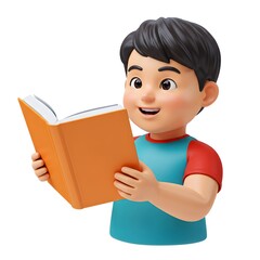 Young boy reading an orange book with a happy expression  