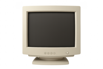 Old beige crt monitor on transparent background displaying blank screen