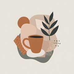 Abstract composition with coffee cup and plant on neutral background  
