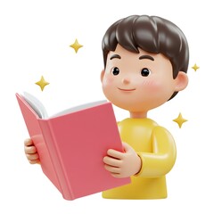 Young boy reading a book with excitement and sparkle effects  