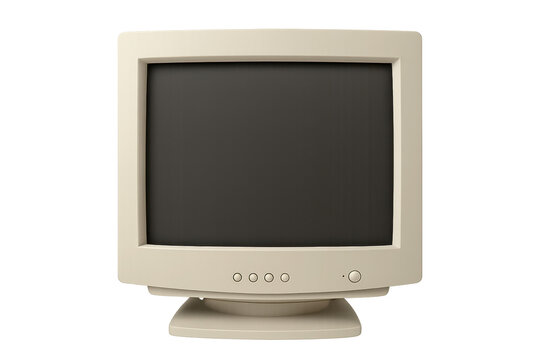 Old beige crt monitor on transparent background displaying blank screen