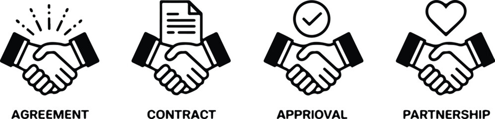 handshake icon set with document, checkmark, and heart symbols in linear style