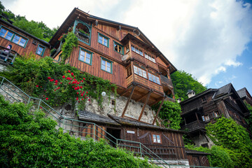 Hallstatt, Austria - June 17, 2023: View of the houses in Hallstatt