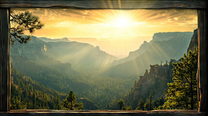 Majestic canyon vista at dawn framed by rustic wooden window view for Public Lands Day
