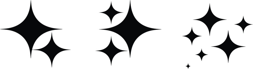 Black sparkle and star icons in various sizes representing glitter, shine, twinkle, and decoration
