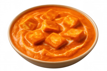 Delicious paneer butter masala served in a bowl, featuring creamy tomato gravy and paneer cubes, isolated on a transparent background