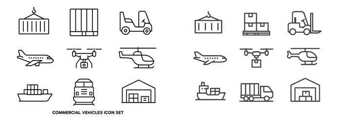 Collection of commercial vehicle icons showcasing various modes of transport and equipment used in logistics and shipping activities