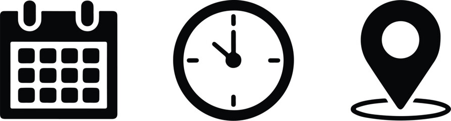 Bold black icons of calendar, clock, and location pin representing date, time, and place information