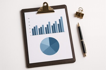Business graph on table and a checklist on a blank clipboard with a pen