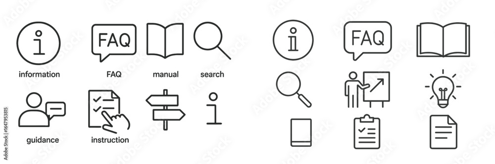 Poster icon set featuring various symbols for information, guidance, and instruction in a modern design sui