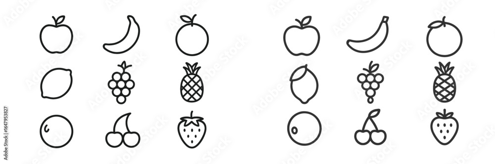 Aufkleber various fruit illustrations arranged in a grid with simple outlines and no colors on a light backgro