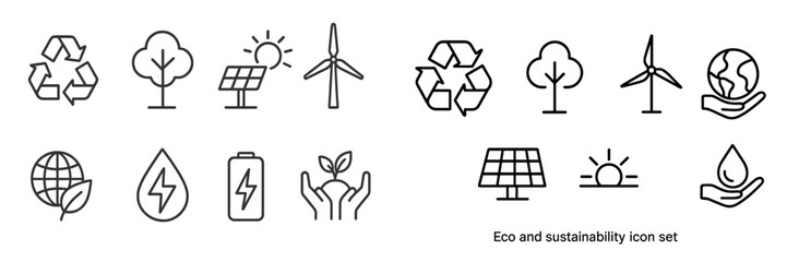 Collection of eco and sustainability icons depicting renewable energy and environmental conservation