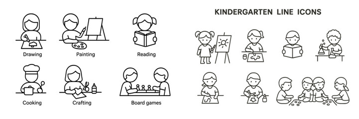Various activities for kindergarten children including drawing, painting, reading, and cooking in a fun and educational environment