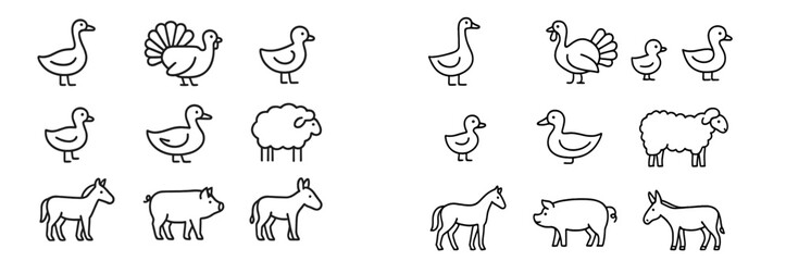 Animal illustrations featuring various farm and wild animals in simple black and white designs for educational purposes